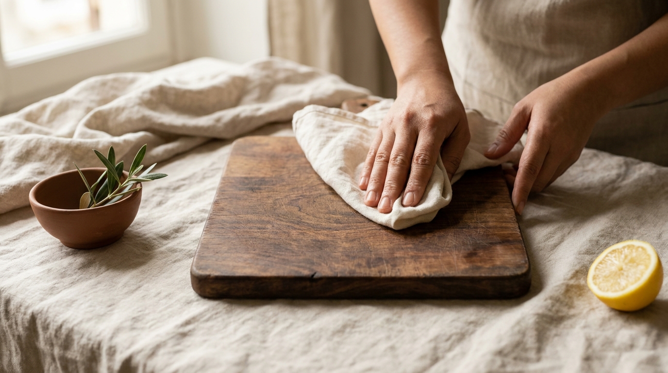 Are you supposed to wash a wooden cutting board with soap Petey Filipina cook wiping a walnut cutting board with linen cloth in rustic kitchen natural light