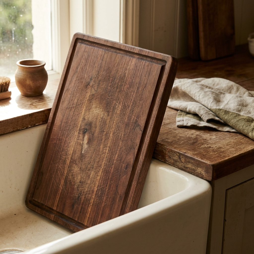 Close view of a used wooden cutting board drying on its edge beside a sink with folded linen and warm neutral brand colors in a rustic European kitchen are you supposed to wash a wooden cutting board with soap