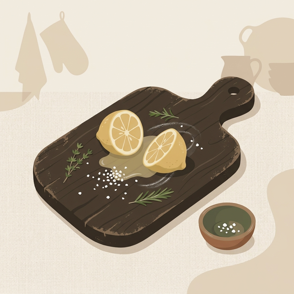 Are you supposed to wash a wooden cutting board with soap 2D vector of a halved lemon coarse salt and juice smear on a worn wood board on a linen background rustic European kitchen