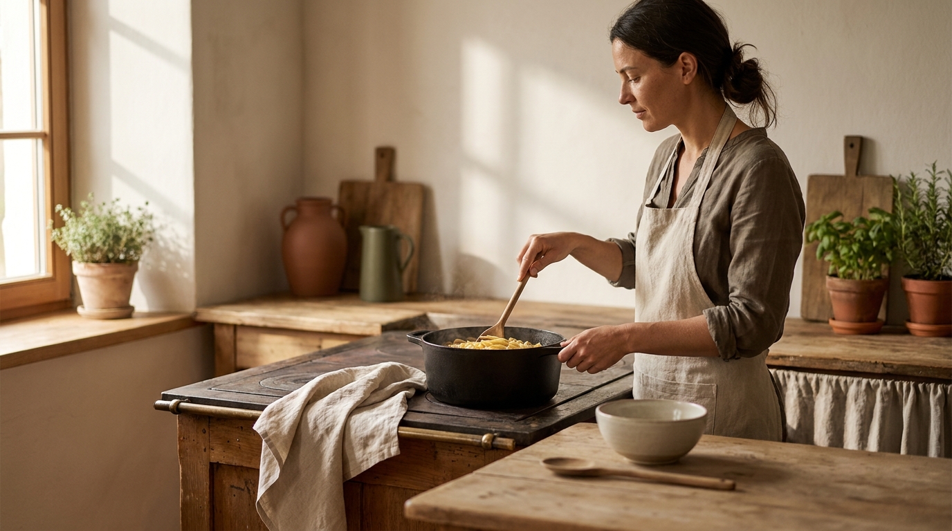Petey a Filipina cook stirring a boiling pot of pasta in a rustic European kitchen with linen and worn wood showing how do italians stop pasta from sticking
