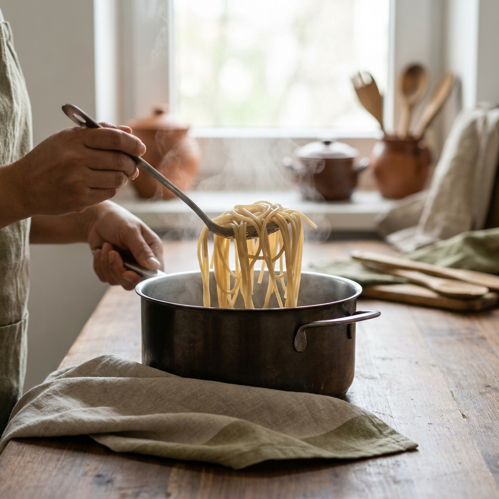 Close full frame image of Petey a Filipina cook lifting long pasta with a slotted spoon from a large stockpot in a rustic European kitchen how do italians stop pasta from sticking