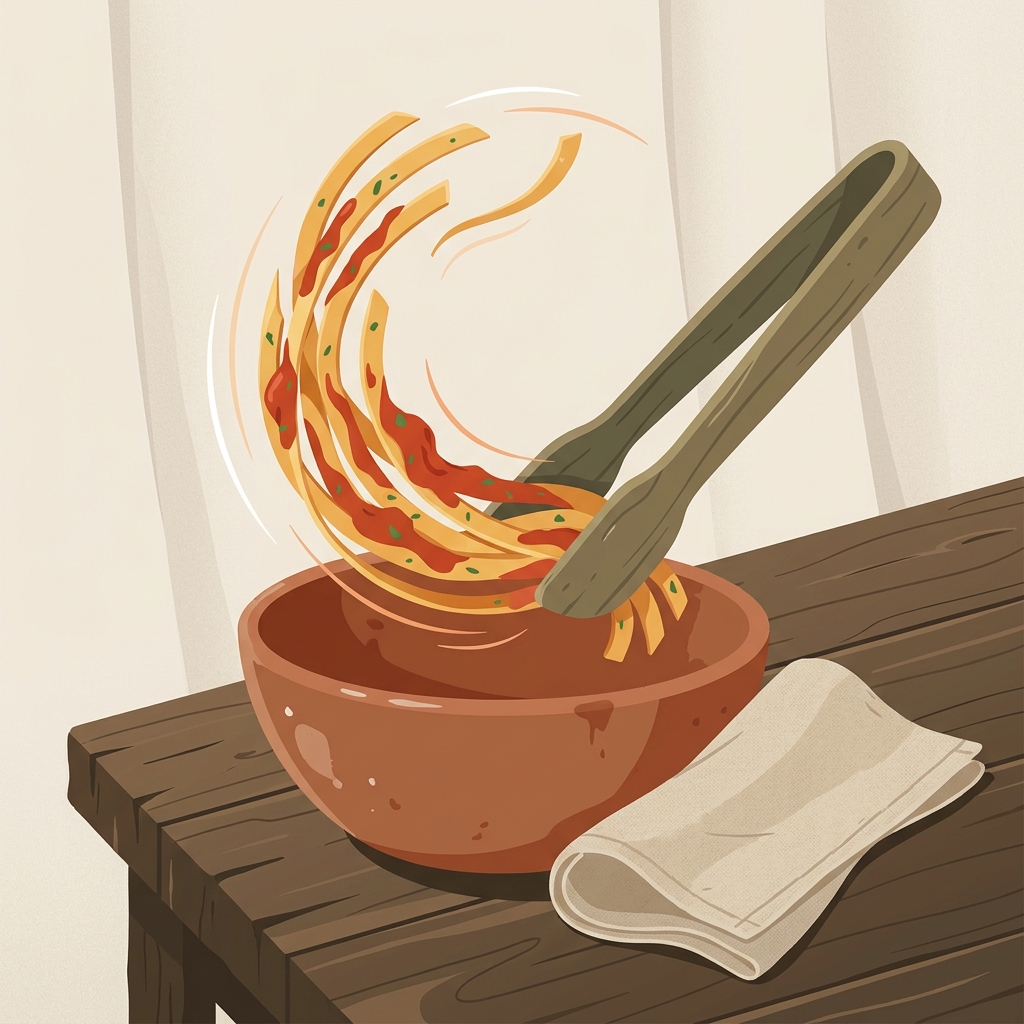 Top down 2D vector illustration of finished plated pasta being tossed with sauce on a rustic wood table and linen background with wooden tongs and suspended strands how do italians stop pasta from sticking