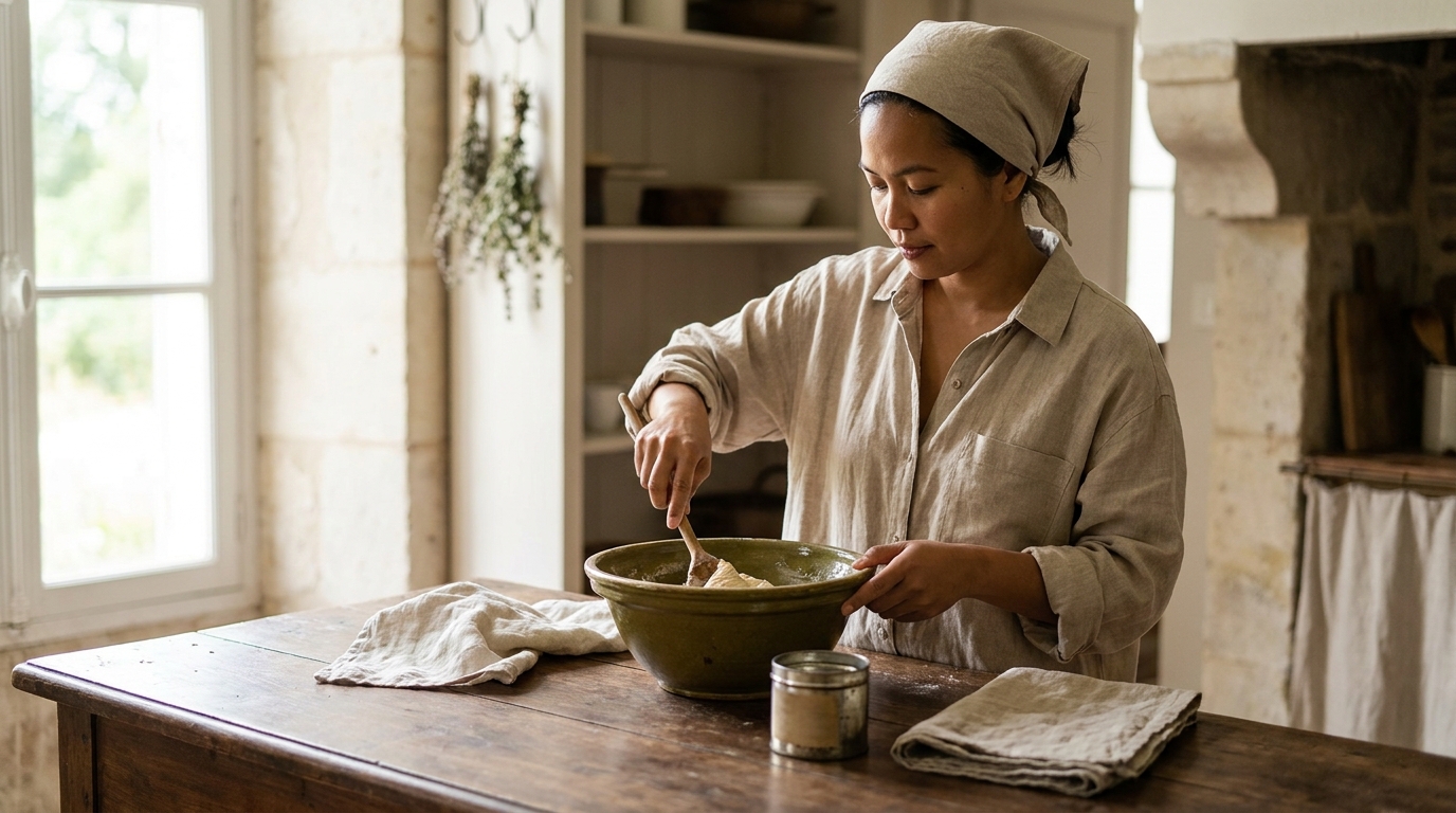Petey a Filipina cook sifting flour by an unlabeled jar of baking powder in a sunlit rustic European kitchen is 4 year old baking powder still good