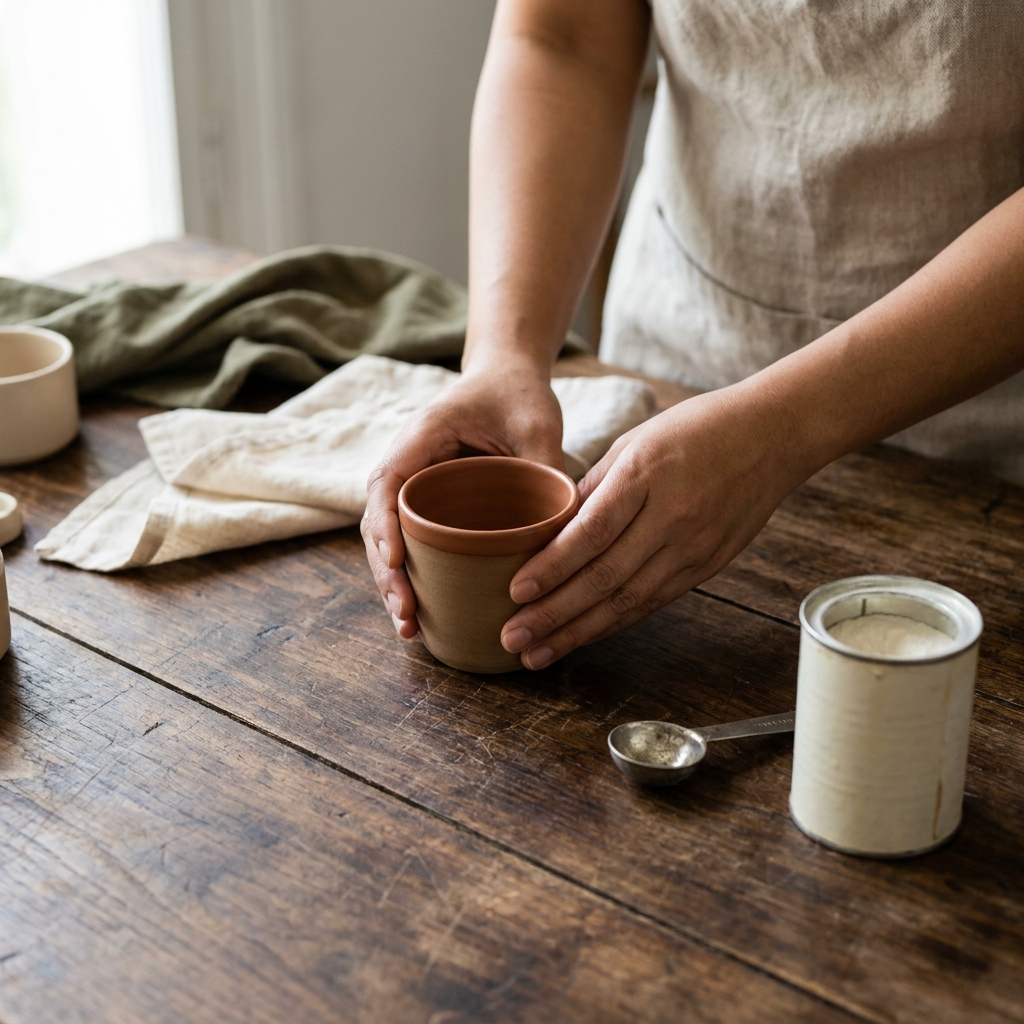 Close up of a small heatproof cup metal measuring spoon and an open can of baking powder on worn walnut wood with linen napkin in a rustic European kitchen is 4 year old baking powder still good