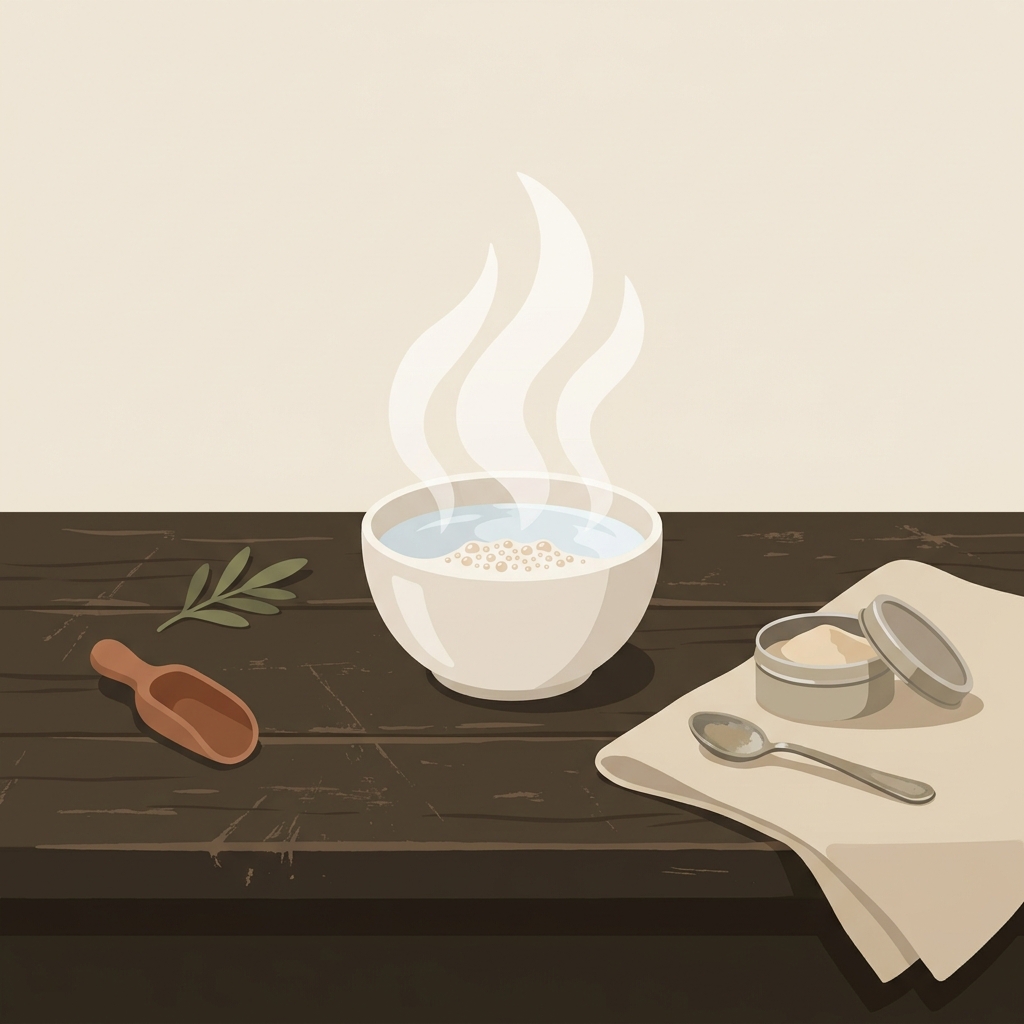 2D vector of steaming bowl of hot water and an open baking powder tin on a worn walnut countertop with an oat linen cloth subtle fizz test visible is 4 year old baking powder still good