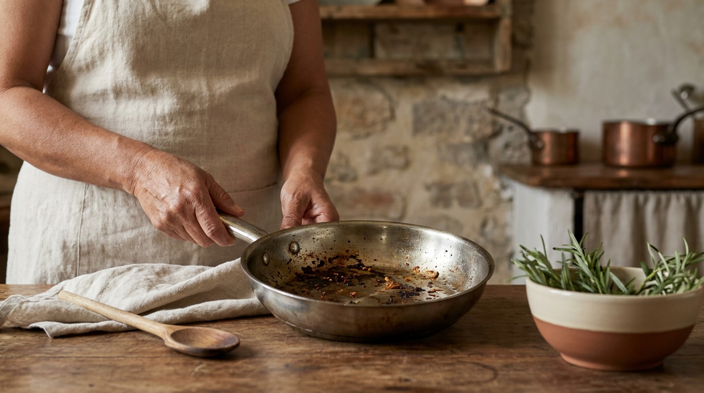 How to get rid of food stuck on a stainless steel pan pictured with Petey a Filipina cook holding a well used stainless steel pan over a worn wood counter in a minimalist rustic European kitchen