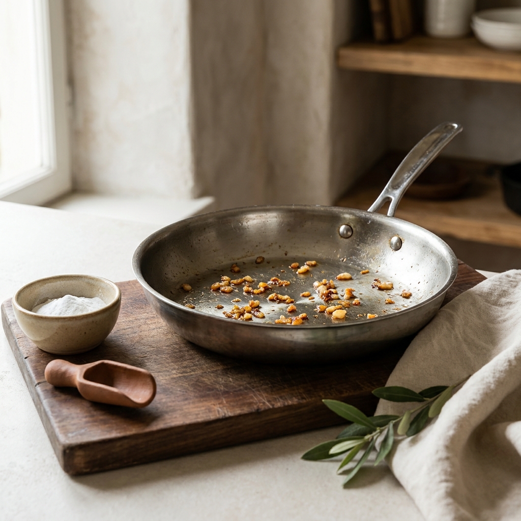 Close up full frame stainless steel pan with small stuck food bits beside a bowl of baking soda on a walnut board in a rustic European kitchen styled with Stirred Daily palette how to get rid of food stuck on a stainless steel pan