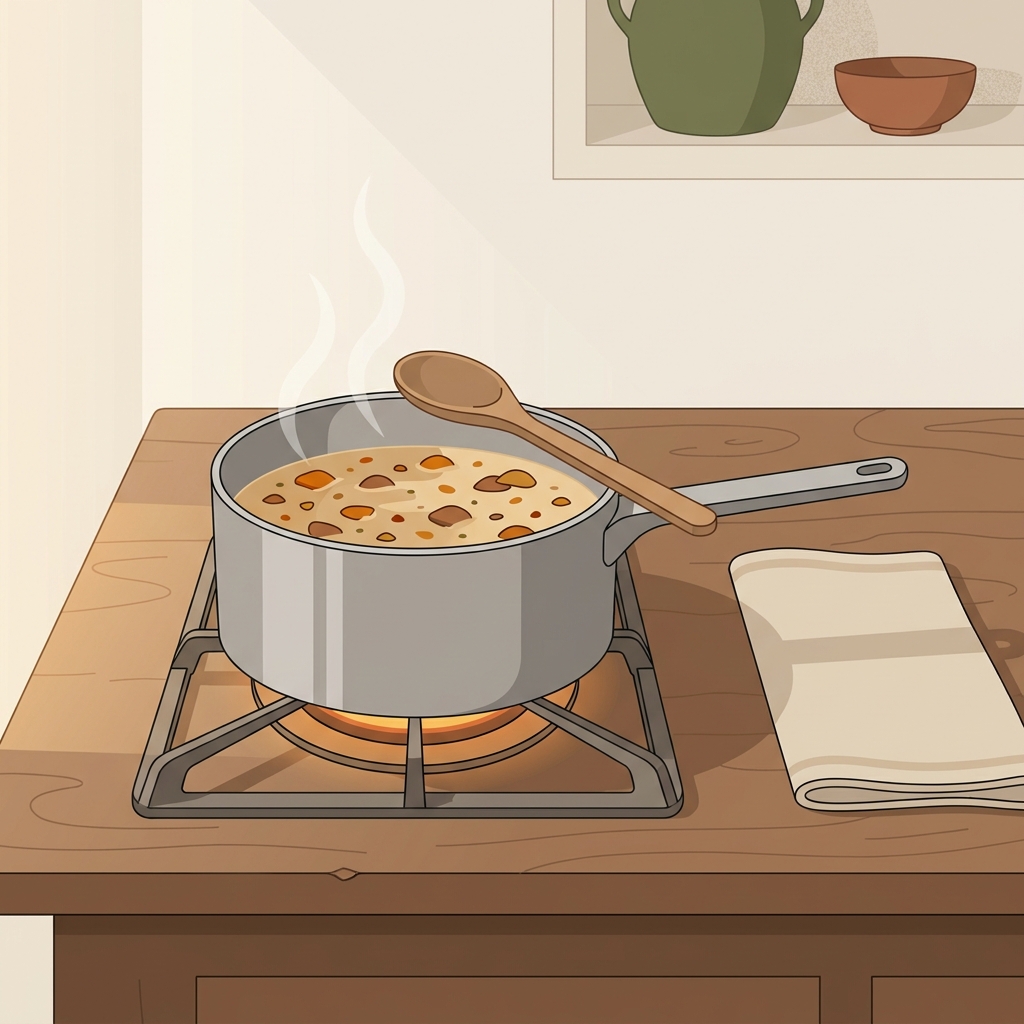Minimal 2D vector of a pan at low simmer with wooden spoon and linen towel on worn wood in a rustic kitchen how to get rid of food stuck on a stainless steel pan