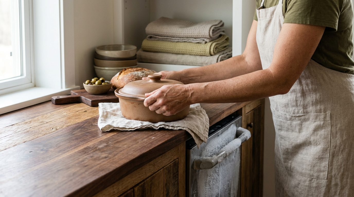 Petey in a rustic European kitchen places a covered baking dish beside a frost lined freezer door on a worn wood counter