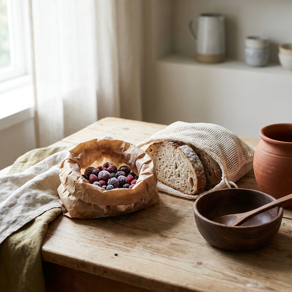Close up of frozen berries and sliced bread wrapped in freezer grade paper and reusable bags on a worn wood counter in a rustic European kitchen