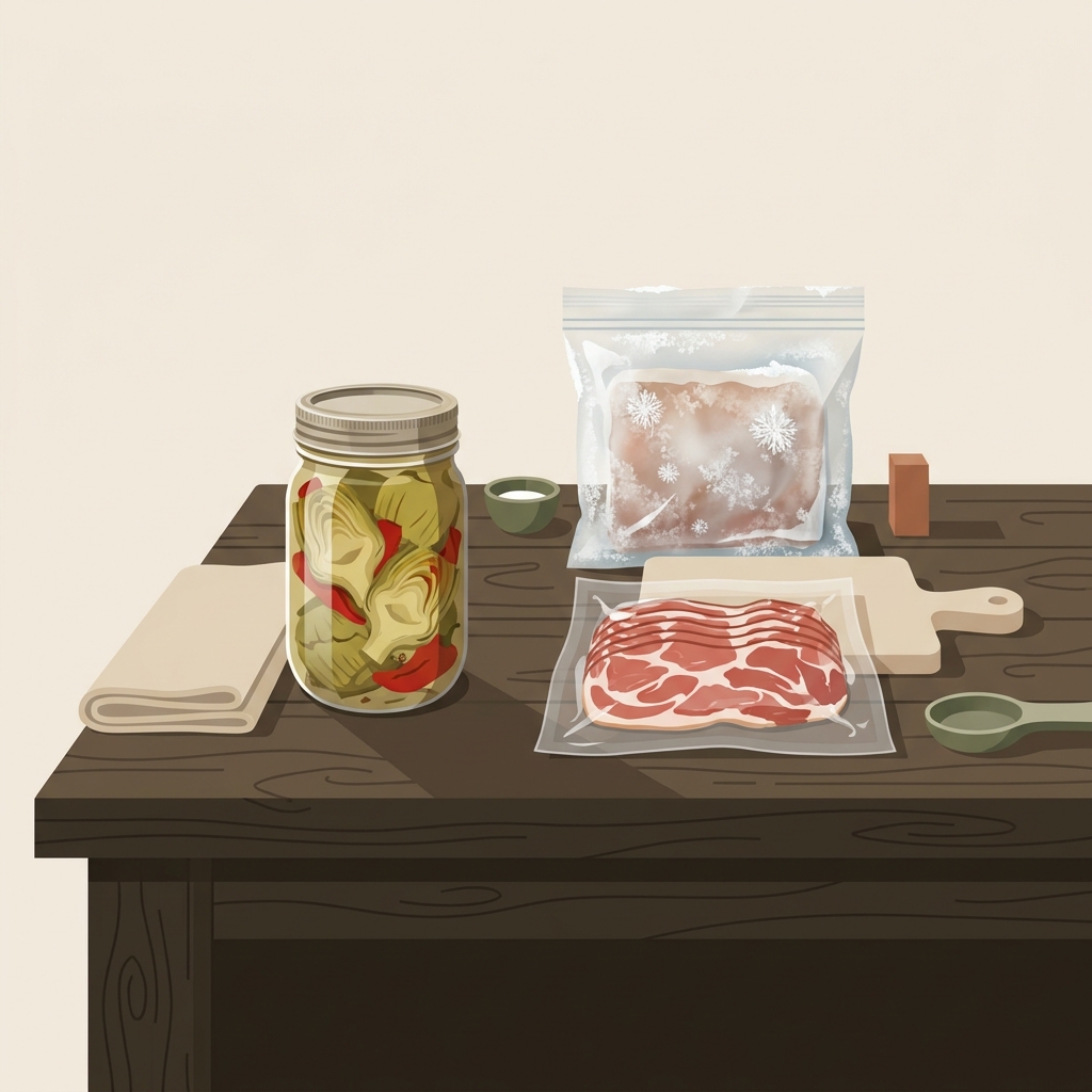 Minimal vector illustration of a mason jar and a vacuum sealed pack on a rustic wood counter showing ice crystals on an older bag for comparison