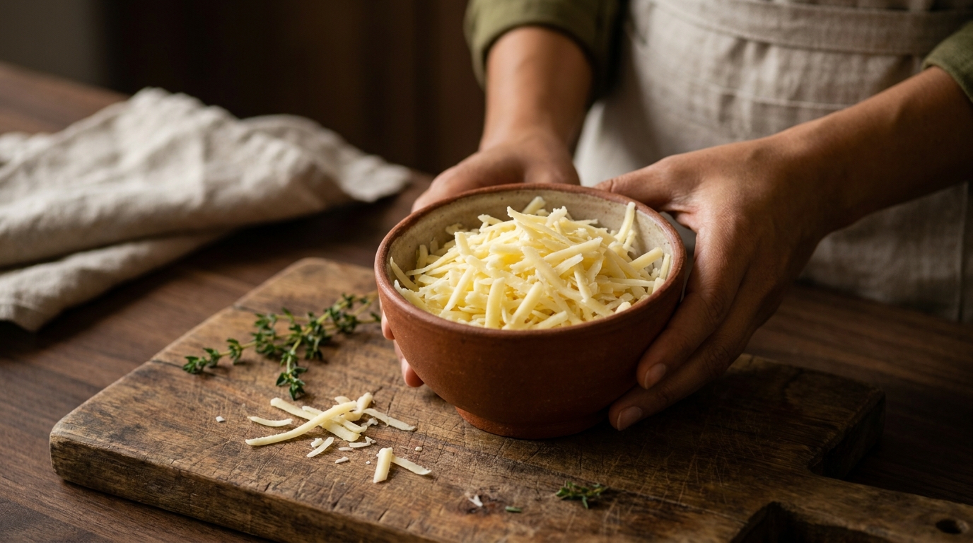 Close up of small bowl of grated cheese on wooden board in rustic European kitchen with linen and worn wood background