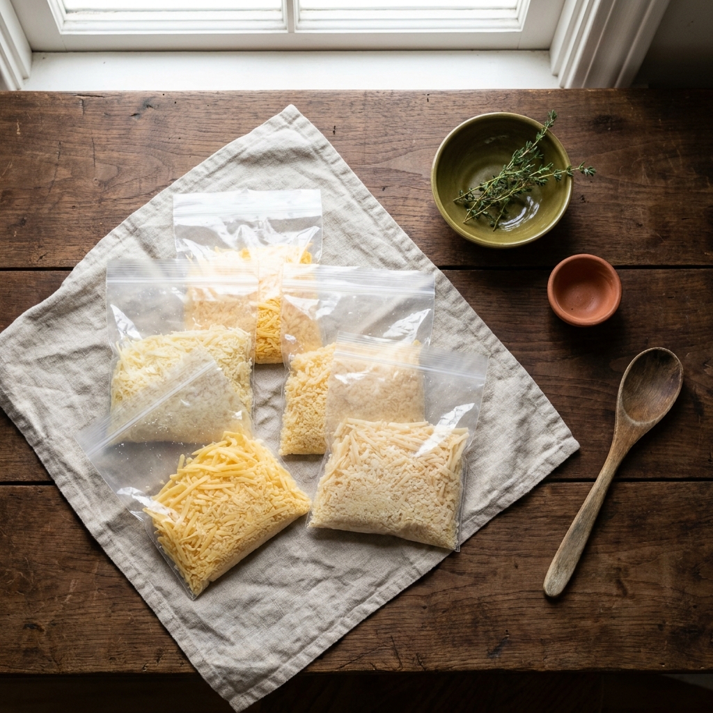 Overhead editorial photo of portioned resealable bags of grated cheese on a worn walnut wood counter with linen accents ready for the freezer