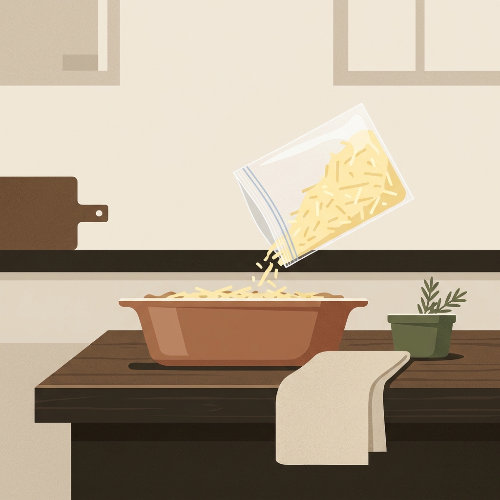 Minimalist 2D vector of a casserole in a rustic European kitchen being topped with grated cheese poured from a freezer bag on a worn wood counter belonging to Petey