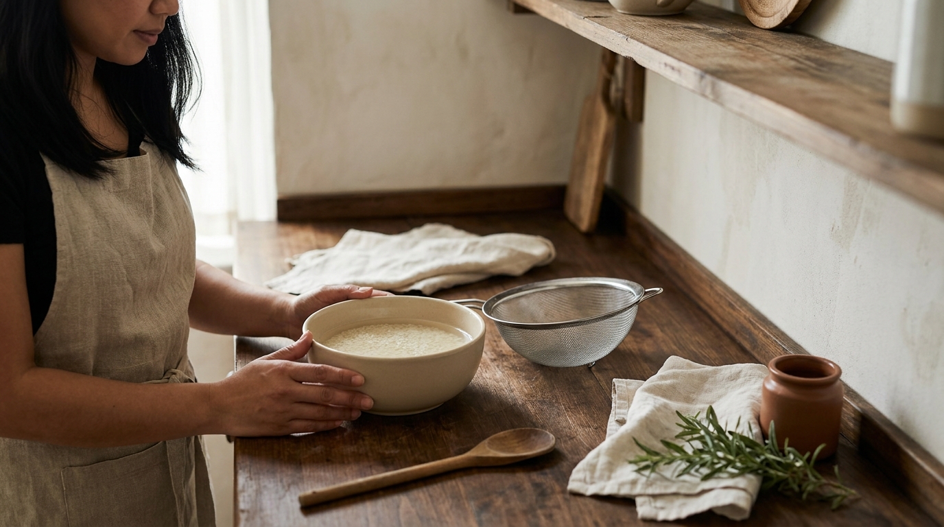 Petey a Filipina cook in a rustic European kitchen rinses rice in a ceramic bowl beside a fine mesh sieve on a worn wood counter