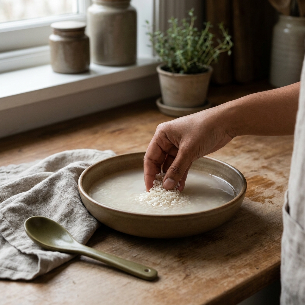 Close full frame view of a hand swishing rice in a bowl of water in a rustic European kitchen