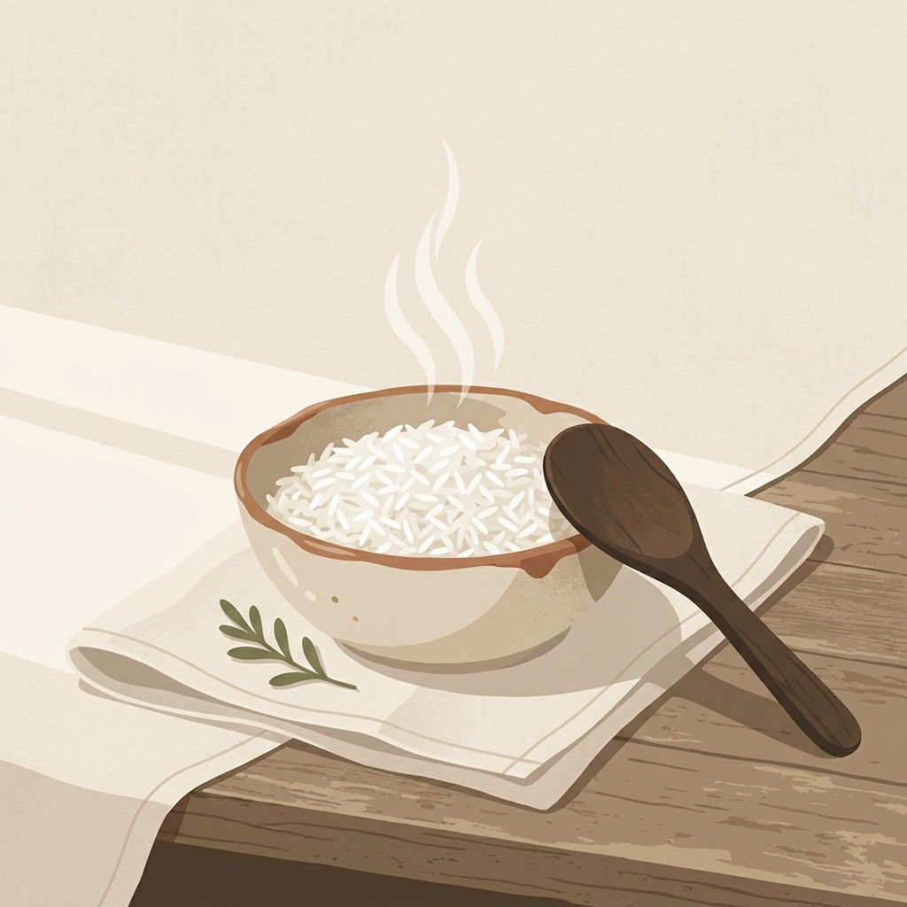 Steaming bowl of separated long grain rice on a folded linen cloth in a rustic European kitchen, minimalist 2D vector illustration in Stirred Daily palette