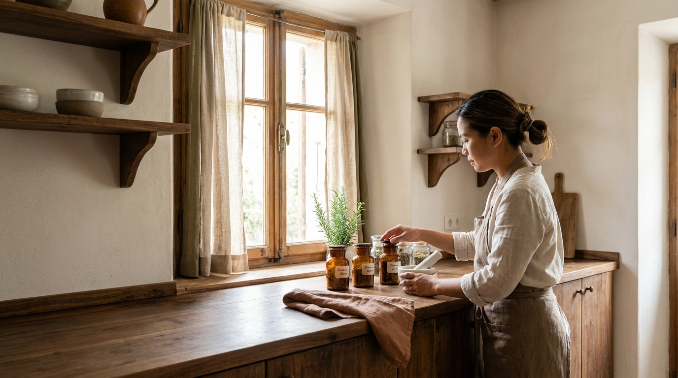 Petey in a rustic kitchen with jars of dried herbs mortar and pestle on a worn wood counter by a linen window