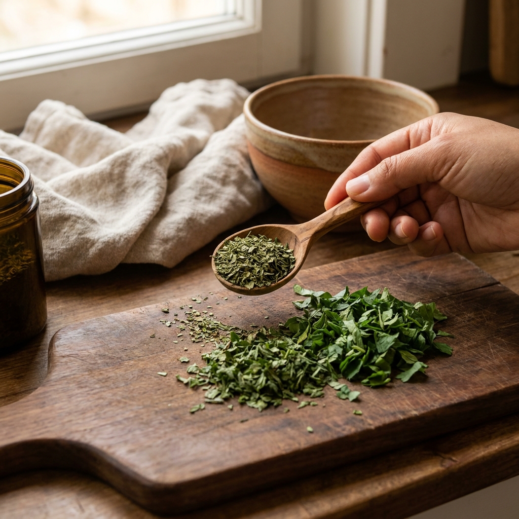Close up of a hand measuring one teaspoon of dried leaf herbs next to a tablespoon of chopped fresh herbs on a worn wooden board in a rustic European kitchen