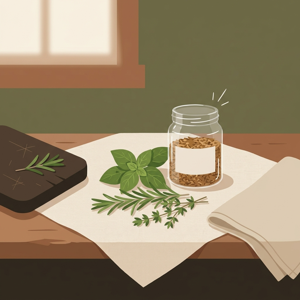 Minimalist 2D vector of bright fresh herb sprigs beside a small clear jar of dried herbs on linen in a rustic European kitchen lit by window light showing natural herb colors and Stirred Daily palette