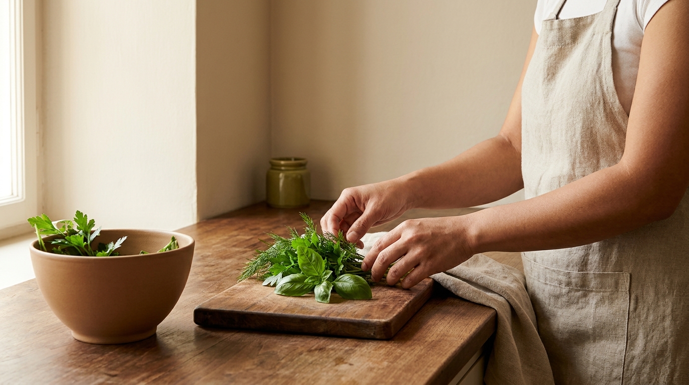 Petey a Filipina cook arranging fresh basil parsley and dill on a wooden cutting board in a full frame rustic European kitchen with worn wood counters and linen towels