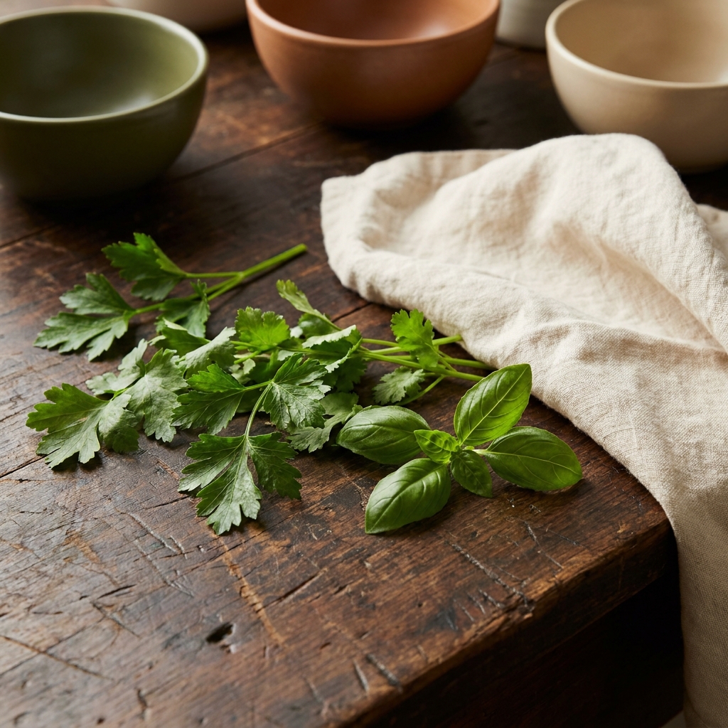 Close up of fresh parsley cilantro and basil on a worn walnut wood table with a linen napkin in soft linen tones natural light