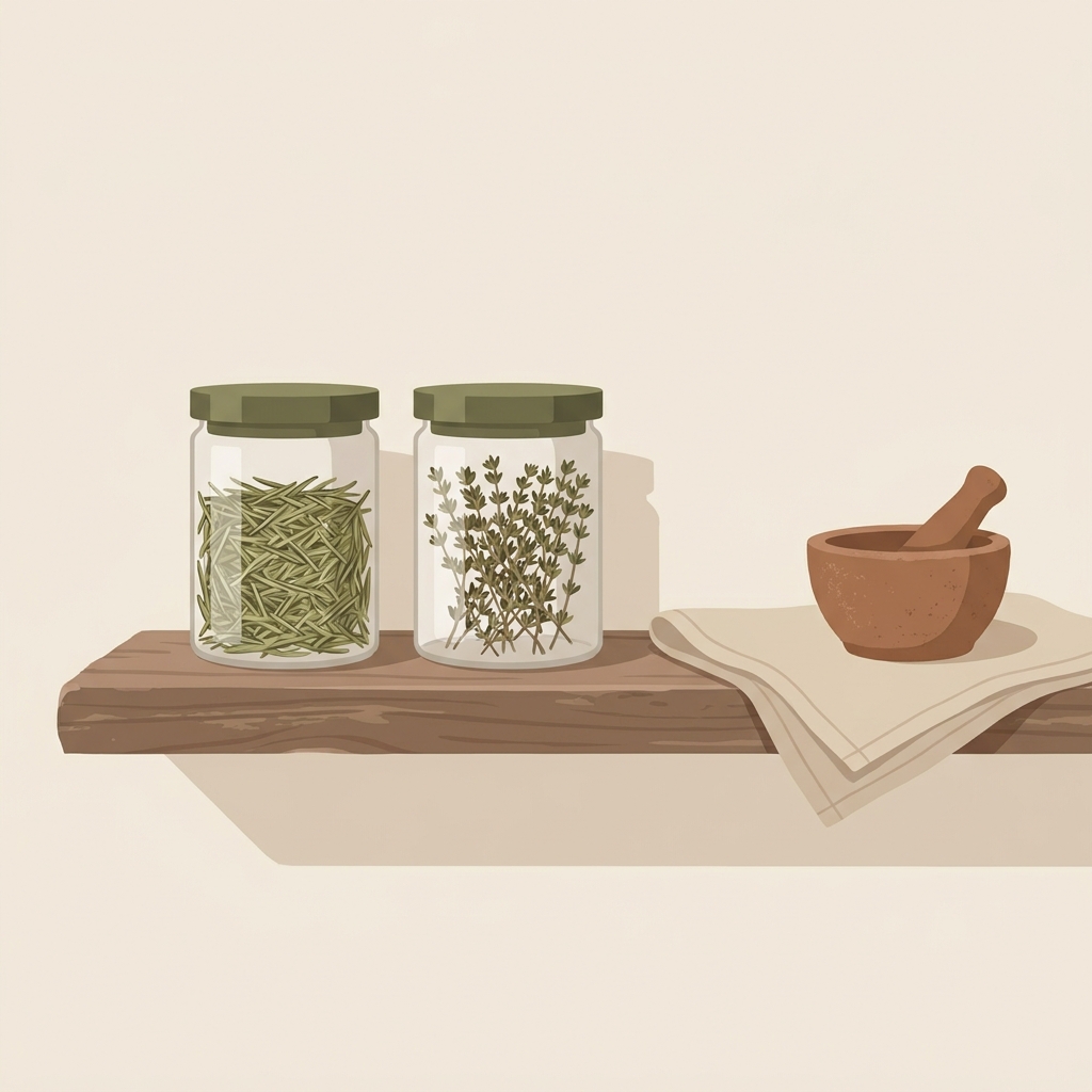 Two clear glass jars of dried rosemary and dried thyme on a worn walnut wood floating shelf against a linen wall with an oat cloth and clay mortar in a minimalist rustic European kitchen styled by Petey