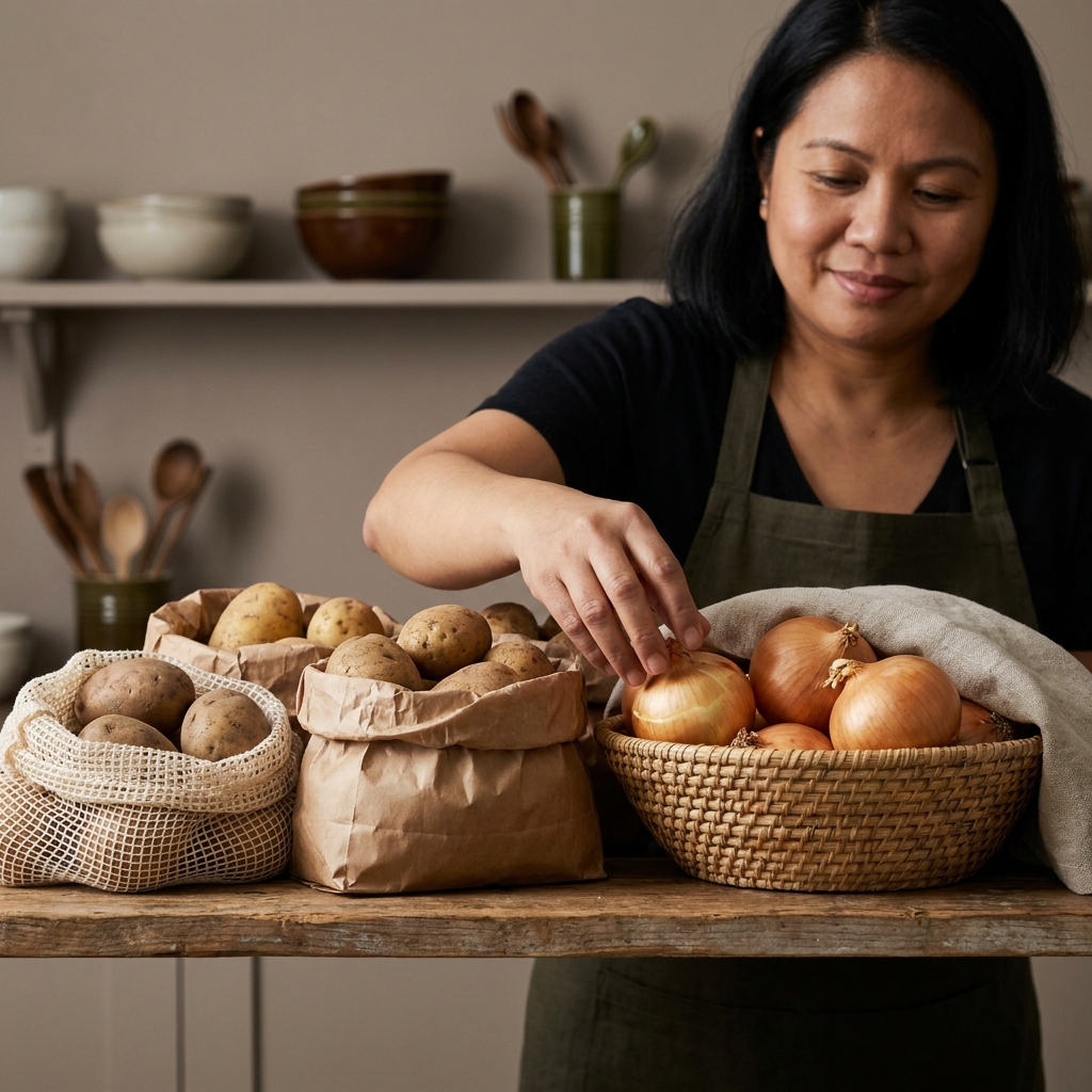 Close full frame view of mesh bags and paper sacks of potatoes and a separate woven basket of onions on a worn wood shelf in a rustic linen European kitchen
