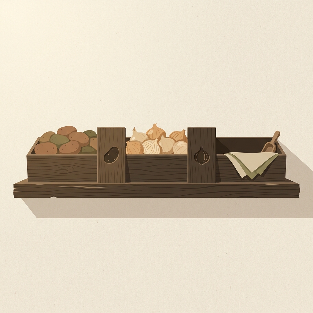 Minimalist 2D vector pantry shelf in a rustic European kitchen showing separate bins with potatoes and onions warm linen palette