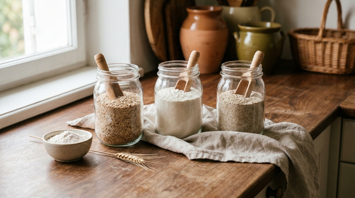 Three clear glass jars of different flours with wooden scoops on a worn wood counter and linen cloth in a rustic European kitchen