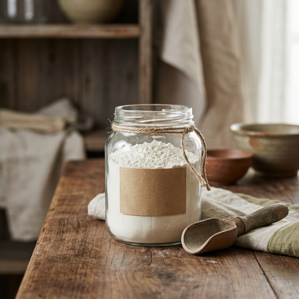 Close up of a wide mouth airtight glass container of flour on worn walnut wood and linen in a rustic European kitchen