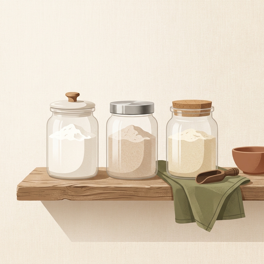 Open pantry shelf in a rustic European kitchen with three clear jars of all purpose whole wheat and almond flour on a worn wood shelf