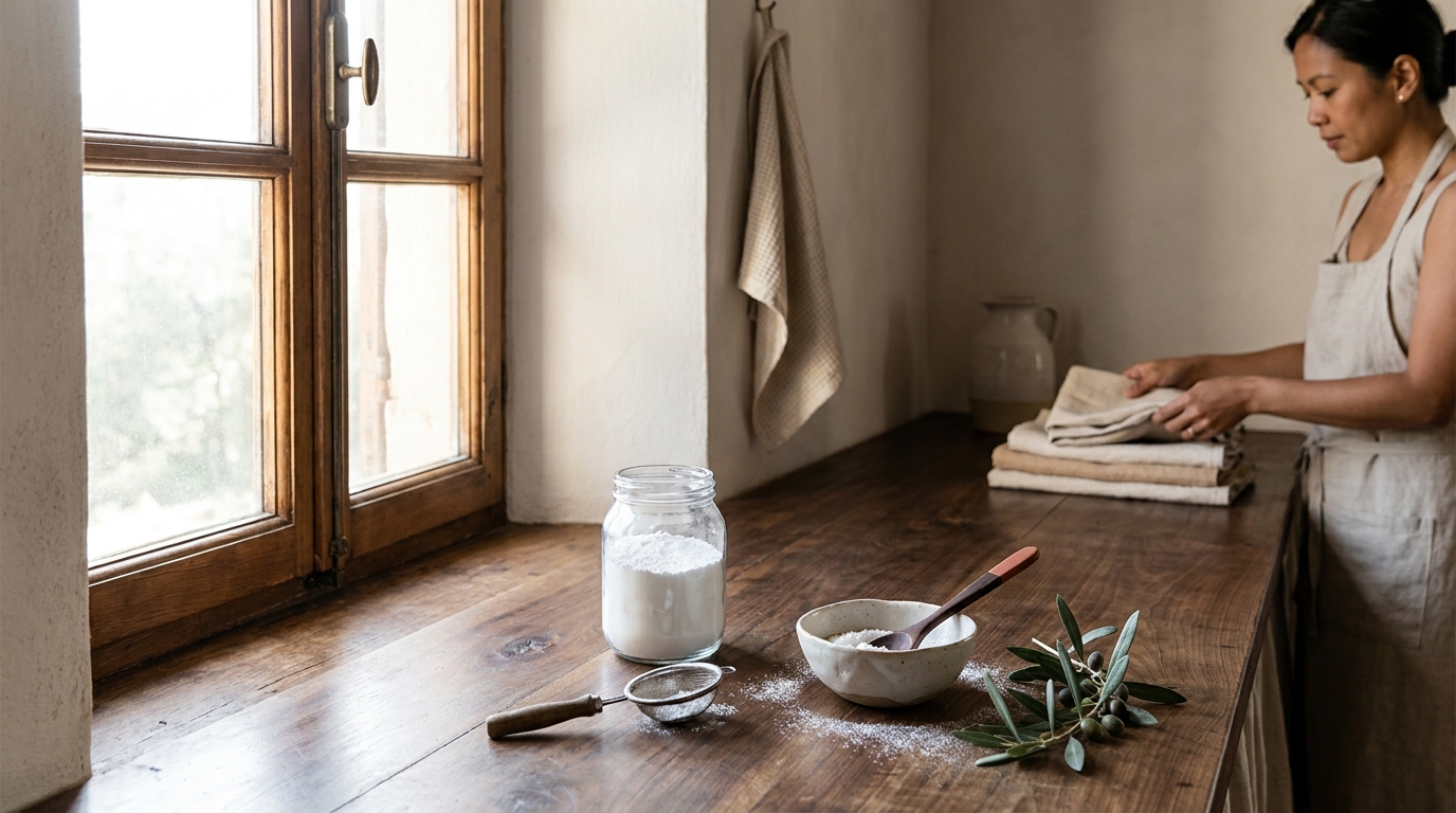 Petey in a rustic European kitchen beside a clear jar of powdered sugar and a small sifter on a worn wood counter