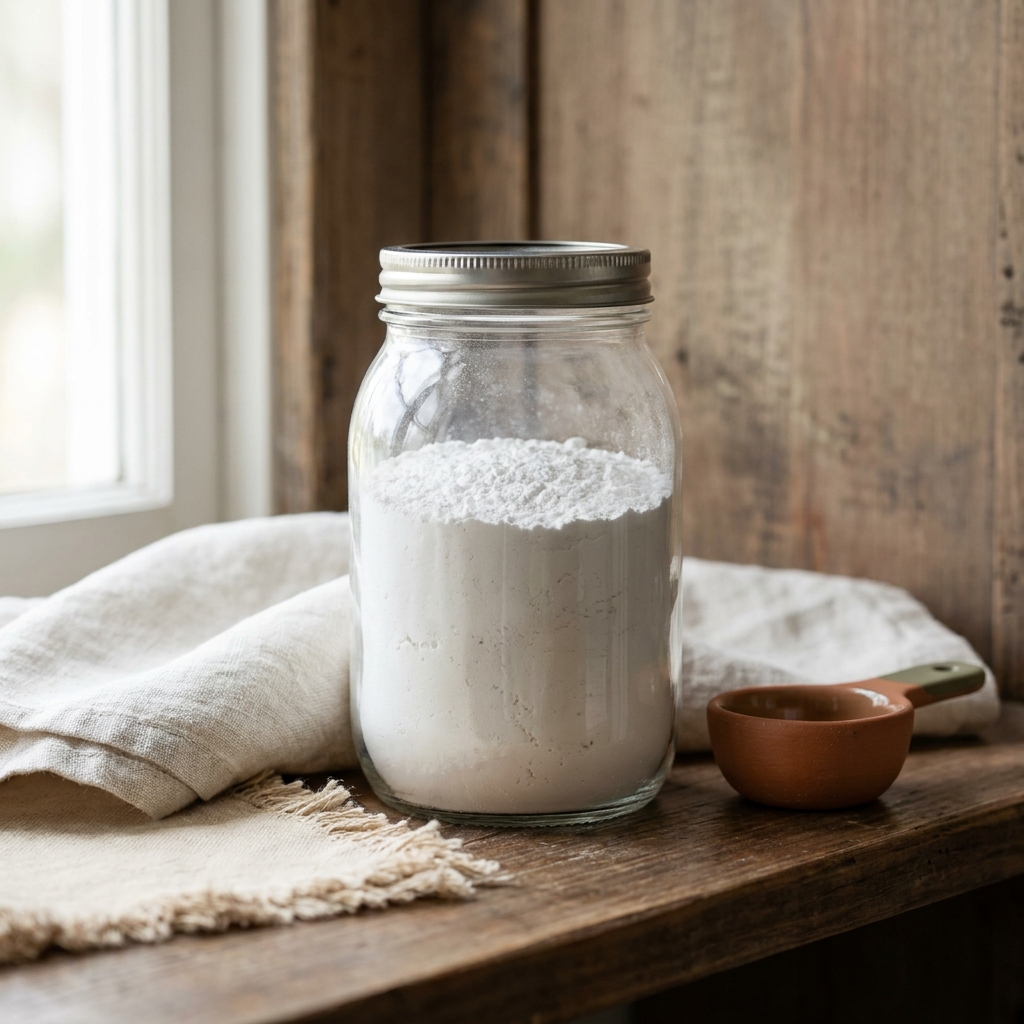 Full frame close up of a rigid glass jar of confectioners sugar with a tight lid on a worn walnut shelf in Petey kitchen linen backdrop