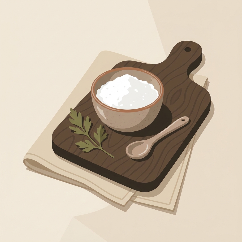 Small bowl of sifted powdered sugar and a whisk on a walnut wood board and oat linen in a rustic European kitchen setting
