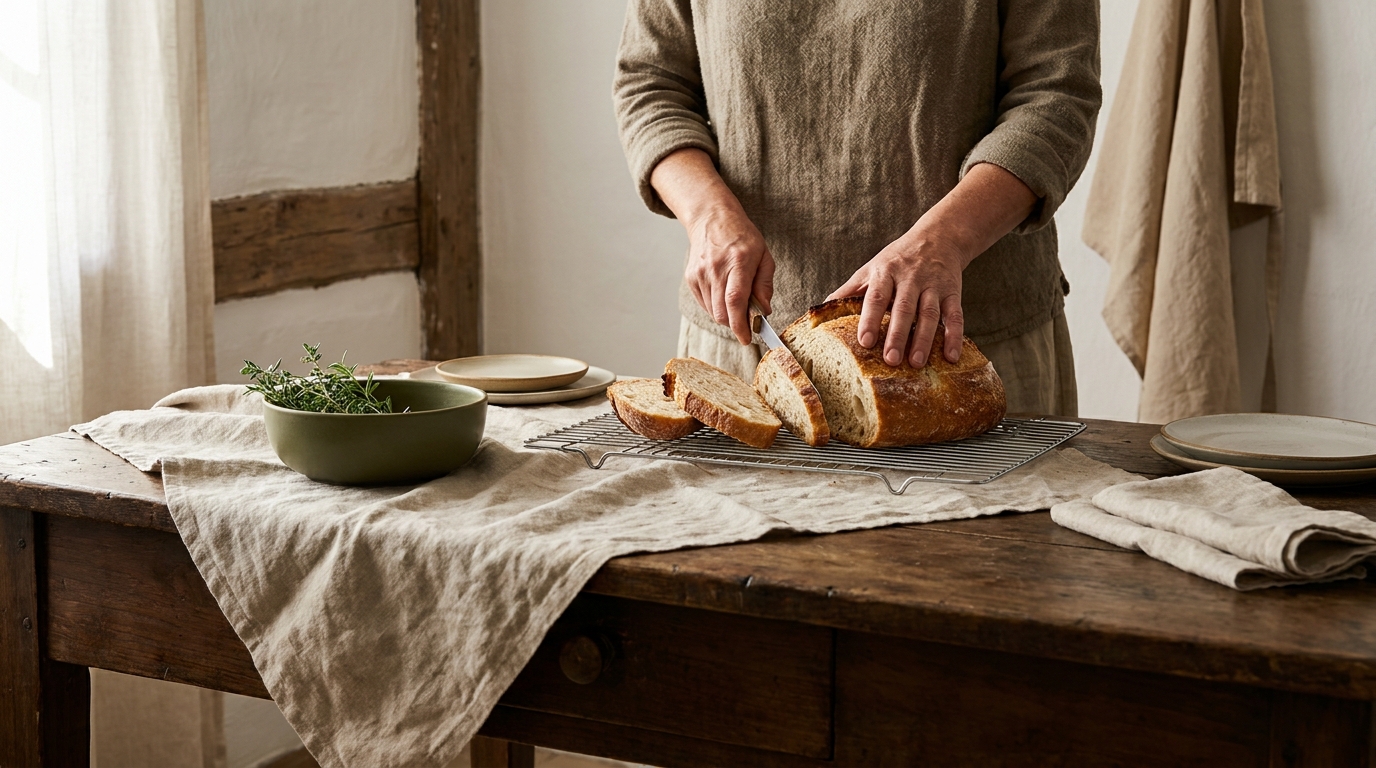 Filipina cook Petey slicing a loaf on a cooling rack on a worn table with linen in a rustic kitchen soft light