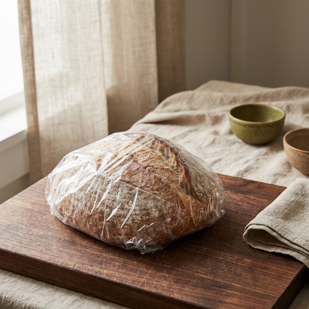 Close up of a frozen loaf in loose plastic on a wooden board in a rustic European kitchen with linen backdrop showing thawing context