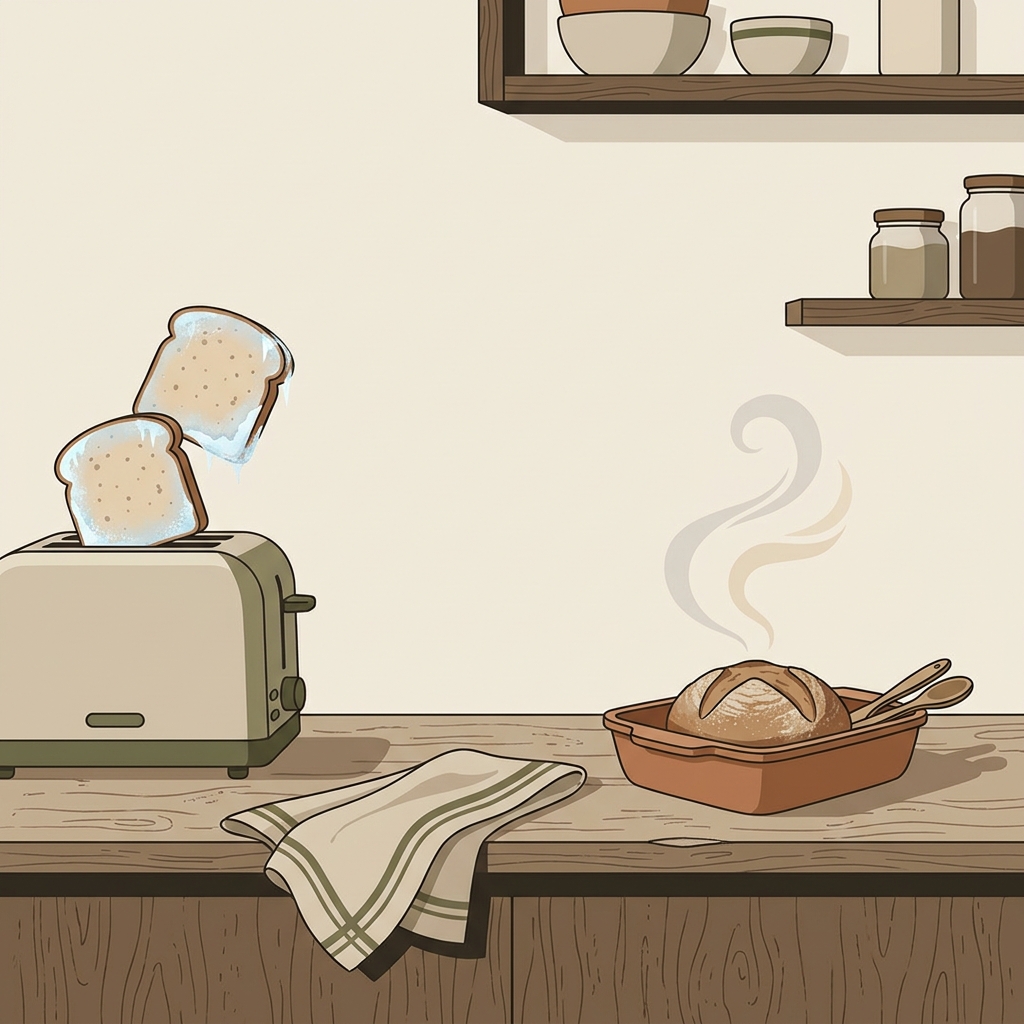 Vector showing frozen bread slices going into a toaster and a small oven tray with a warming loaf on a worn wood countertop with linen accents and muted earth tones