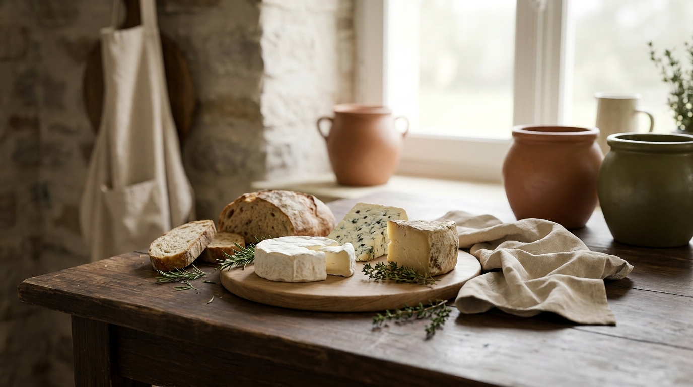 Cheese assortment on a wooden board with linen napkin in a rustic European kitchen bathed in warm natural light full frame
