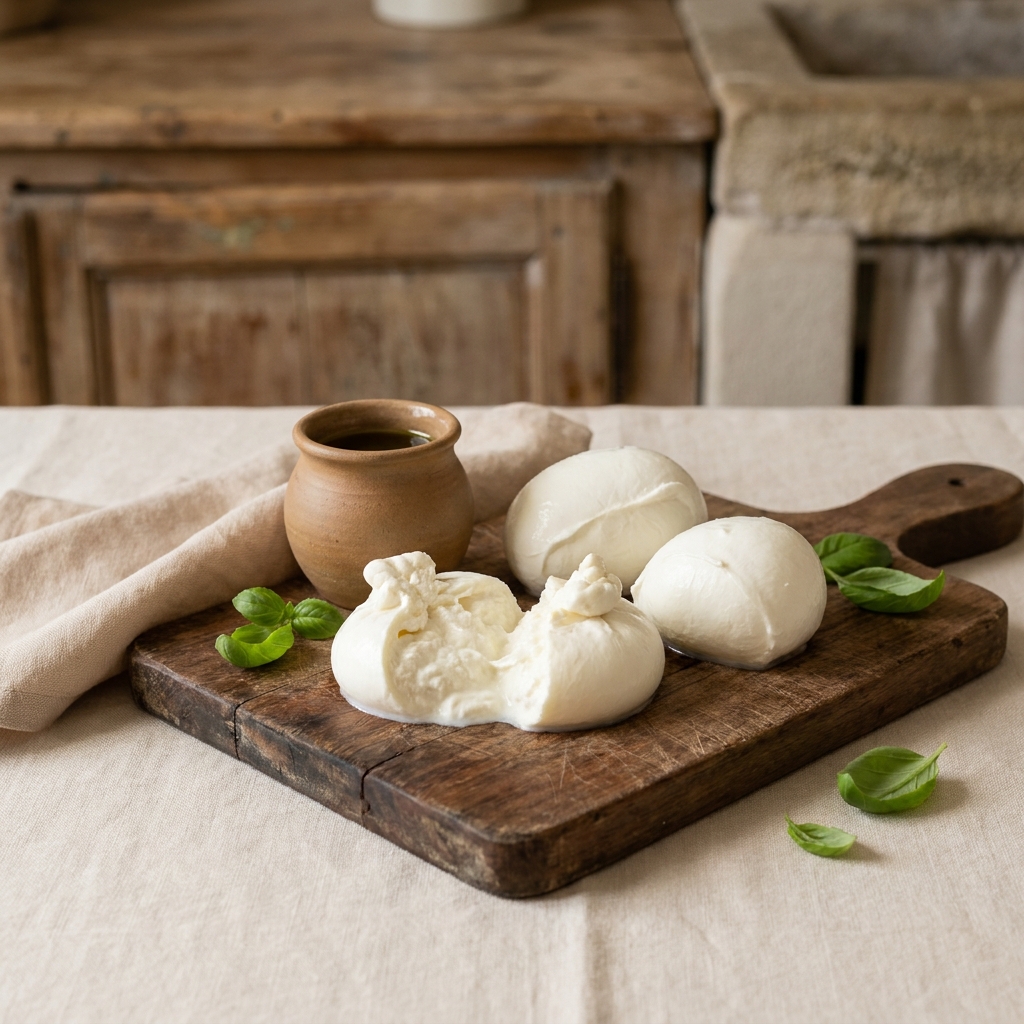 Close up of fresh mozzarella and torn burrata on a walnut wood board with a jar of olive oil and basil in a rustic European kitchen minimalist composition