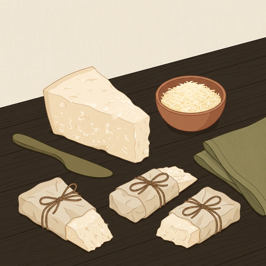 2D vector showing parmesan block and grated cheese in a bowl next to individually wrapped portions ready for the freezer on a worn wood counter in a warm rustic kitchen