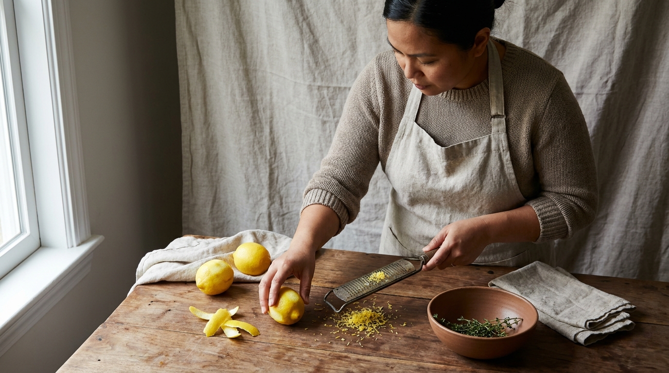 Rustic European kitchen scene with lemons lemon rind shavings microplane and linen on a worn wood table under soft natural light