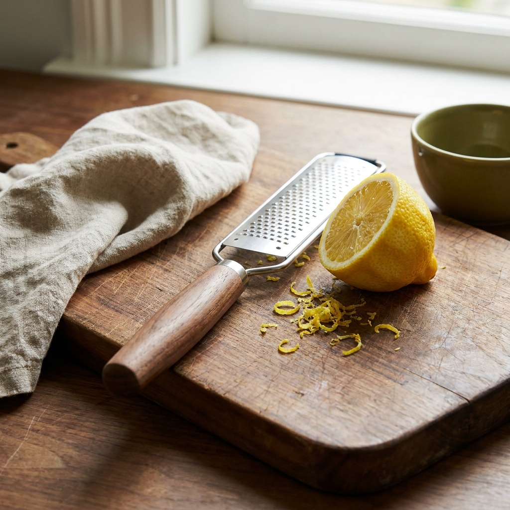 Close up of a microplane and zested lemon half on a worn wooden board with linen in a rustic kitchen
