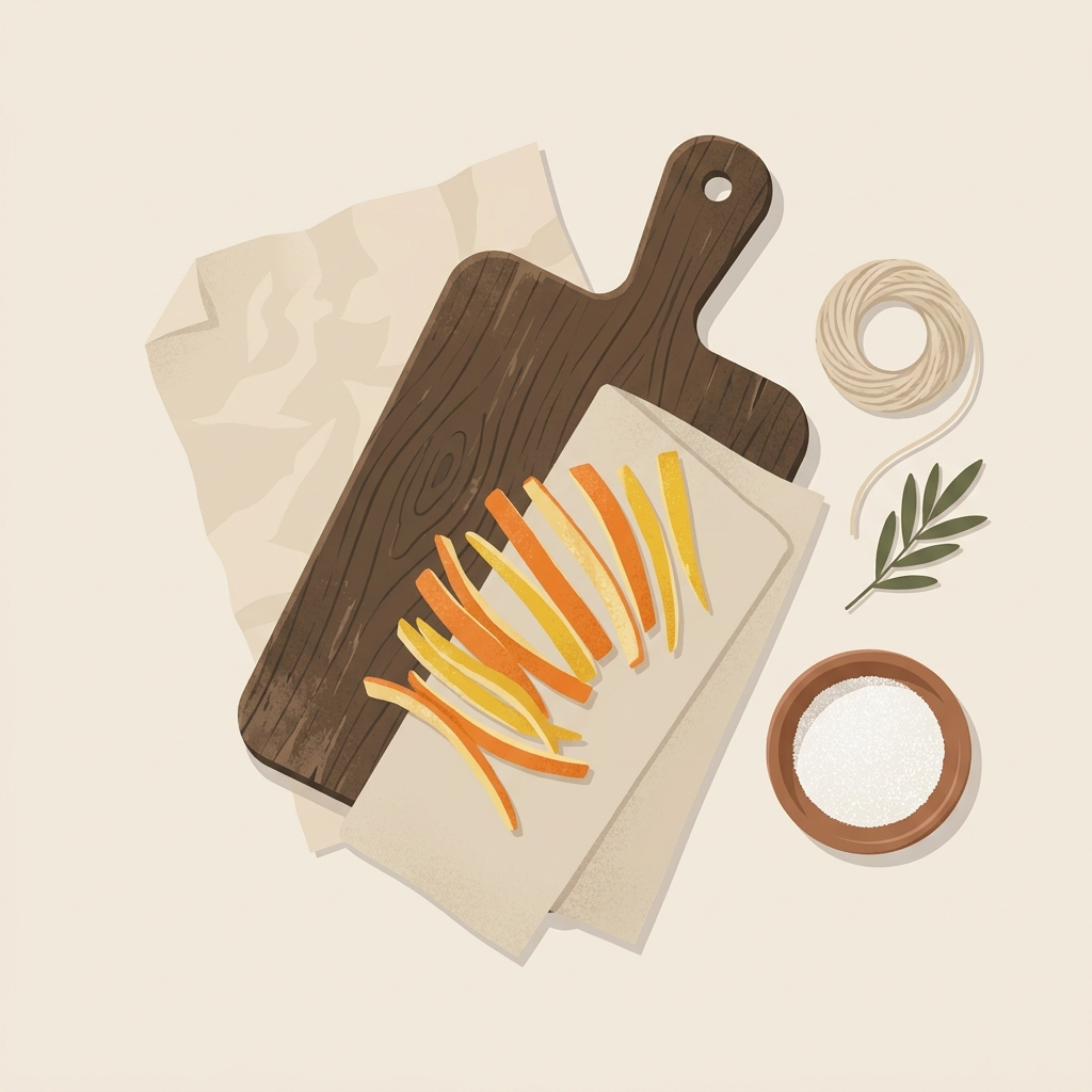 Top down 2D vector illustration of candied citrus peel strips drying on parchment on a worn wood board with linen cloth and a small ceramic bowl in a rustic kitchen