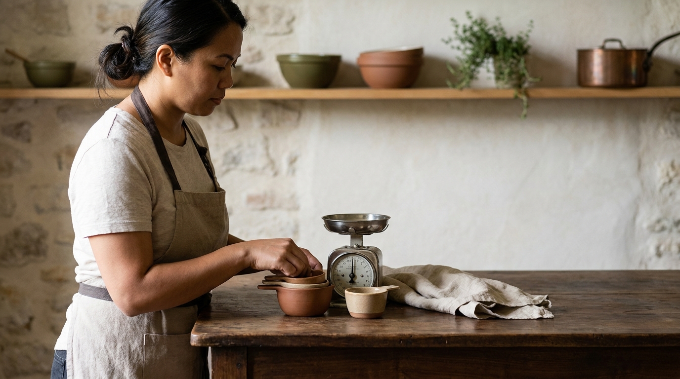 Petey a Filipina cook in a rustic kitchen with nested measuring cups and a scale on a worn wood counter with linen cloth