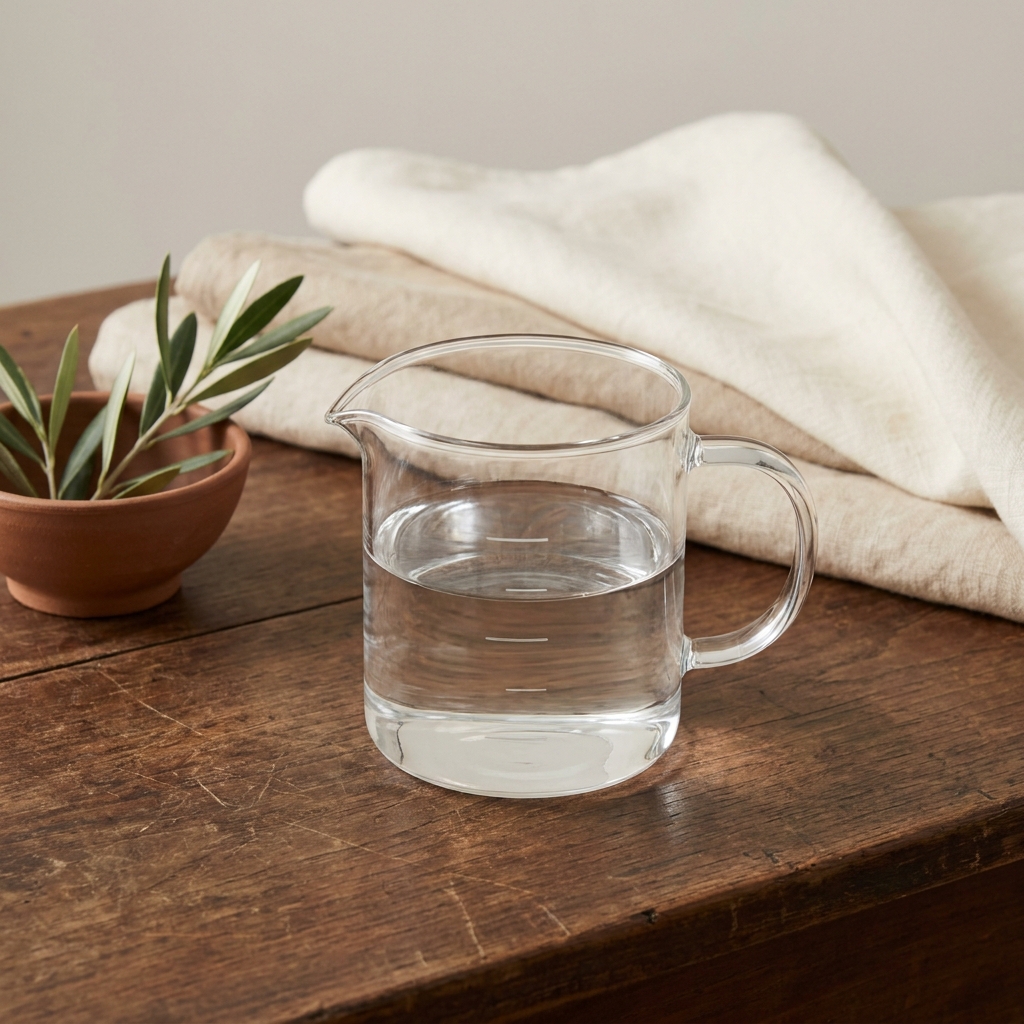 Close up of a clear glass liquid measuring cup on a walnut wood surface with a linen backdrop and small herb sprig