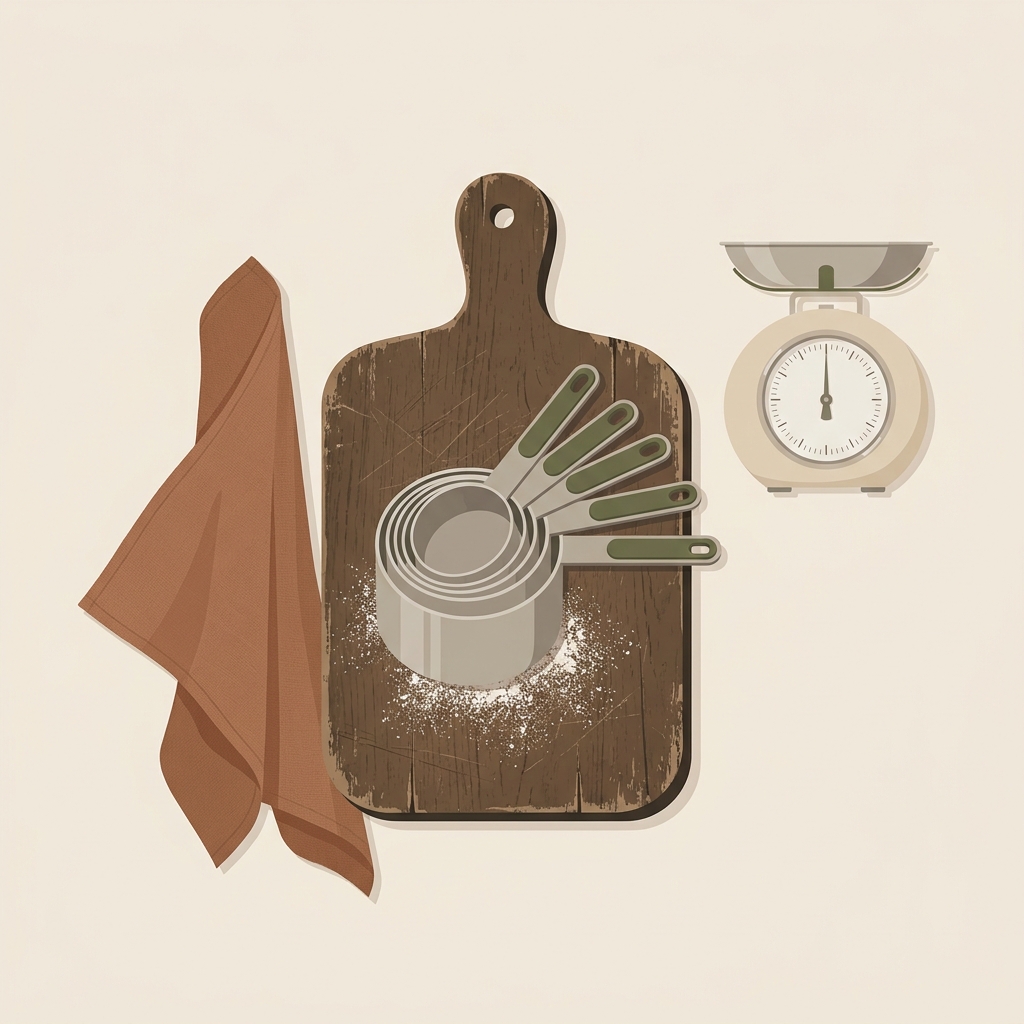 Top down vector illustration of nesting dry measuring cups on a worn walnut wood board with a small oat colored kitchen scale nearby on a linen background minimalist composition