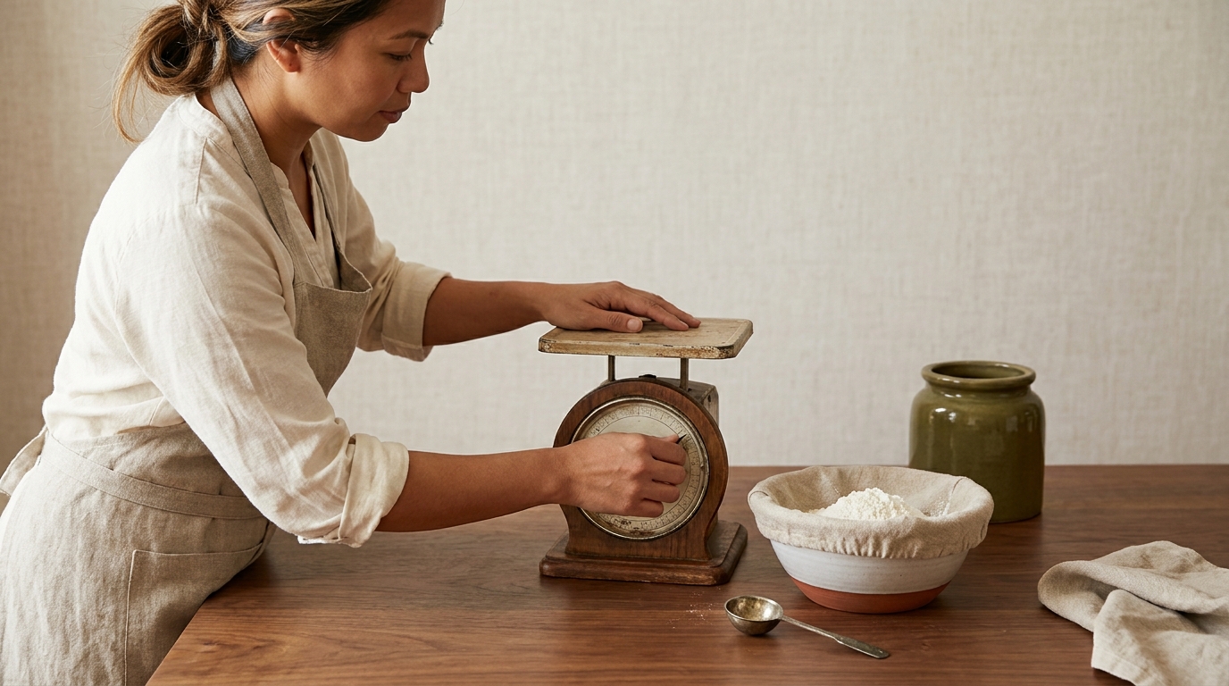 Petey a Filipina cook in a rustic European kitchen weighing flour on a vintage scale with a linen lined bowl and small measuring spoon