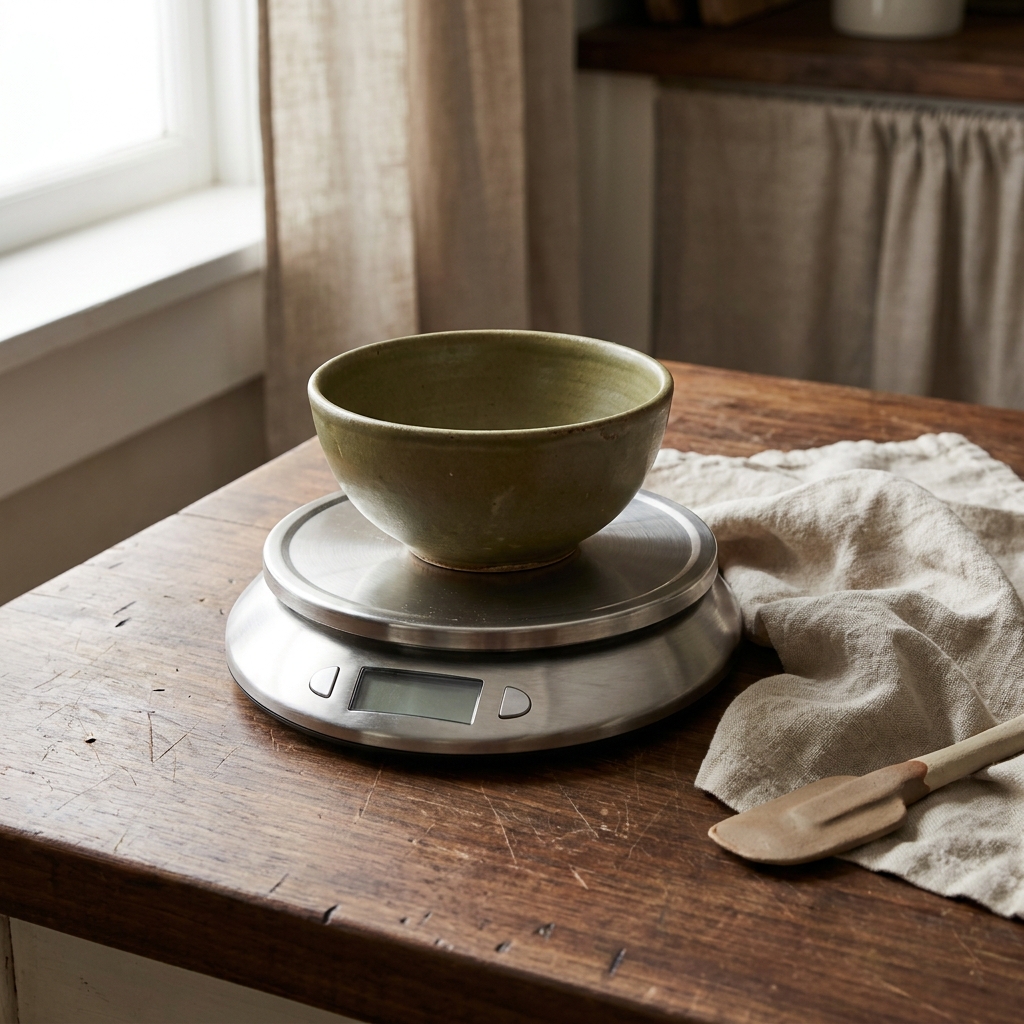 Digital kitchen scale with empty olive bowl on worn walnut counter in rustic kitchen