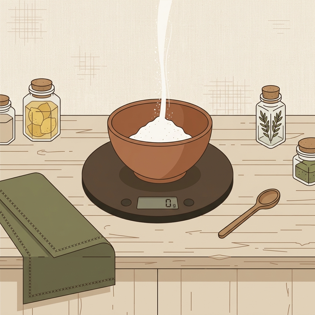 Top view 2D vector of a rustic European kitchen counter with linen background showing a bowl on a kitchen scale being tared as flour is added